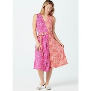 Isaac Mizrahi Pink Ditzy Floral Contrast Knit Faux Wrap Dress Summer Vacation 2X